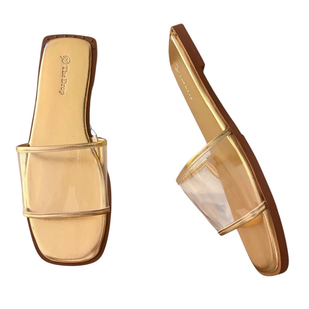 NEW The Drop‎ Women Size 10 Gold Clear Strap Flat Slides Sandals